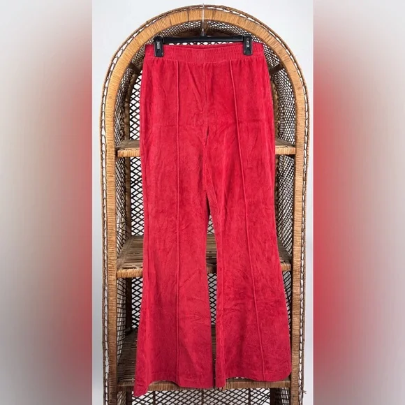 Aerie Groove-On Velour High Rise Flare Pants Ribbed Retro Red Medium EUC - Picture 4 of 6